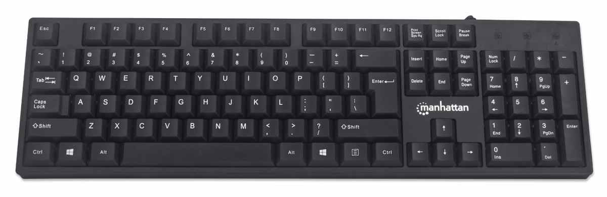 Manhattan Keyboard UK USB Wired, Standard Qwerty layout, Black, Full Size Keys, Cable 1.5m, USB-A connection, Plug and Play, Three Year Warranty, Retail Boxed