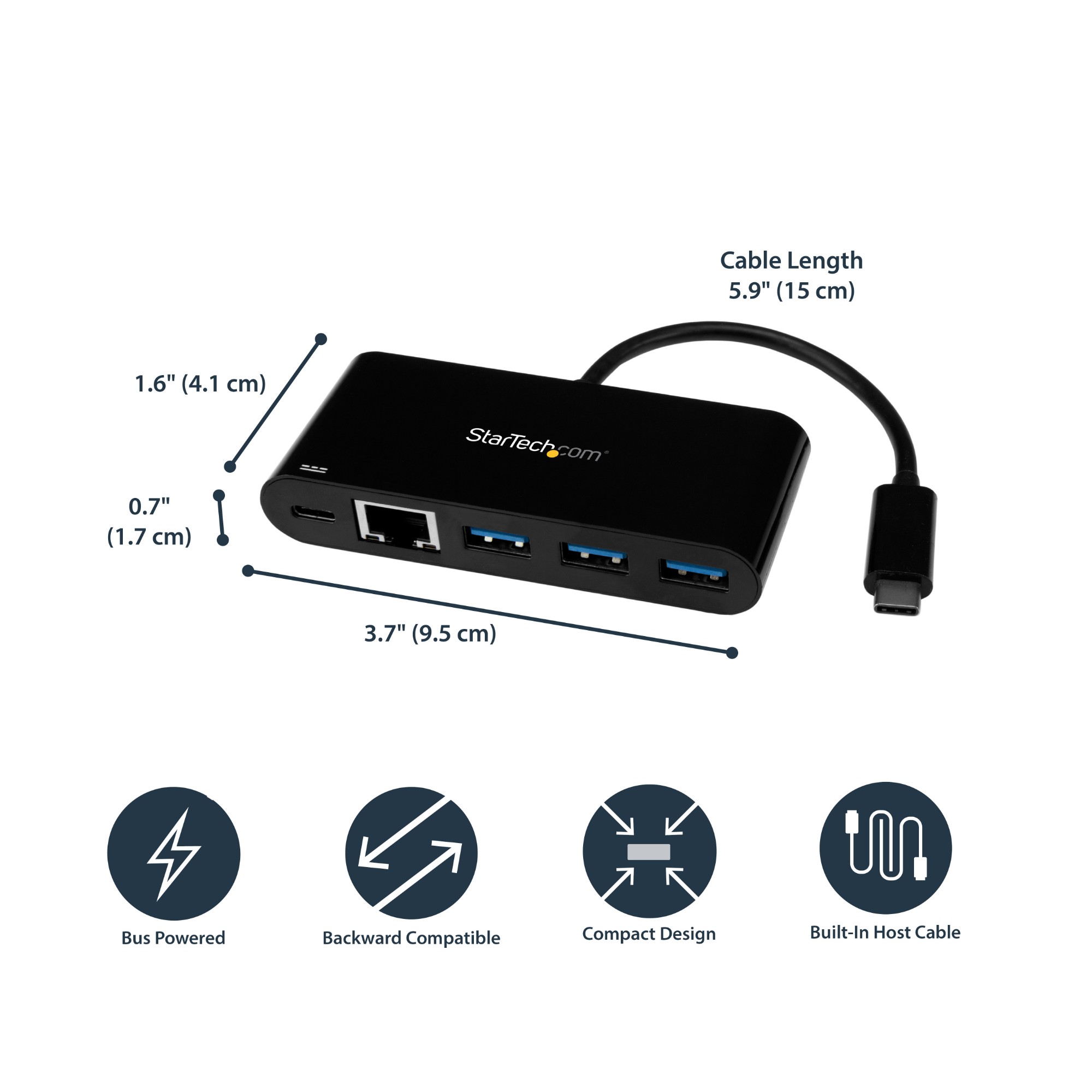 StarTech.com USB-C to Ethernet Adapter with 3-Port USB 3.0 Hub and Power Delivery