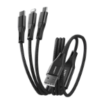 PISEN Braided 3-in-1 USB-A to Lightning + USB-C + Micro-USB Cable (1.5M) - Black, 3A/15W, Aluminum Alloy, Wear-Resistant, Faster Charging Speeds