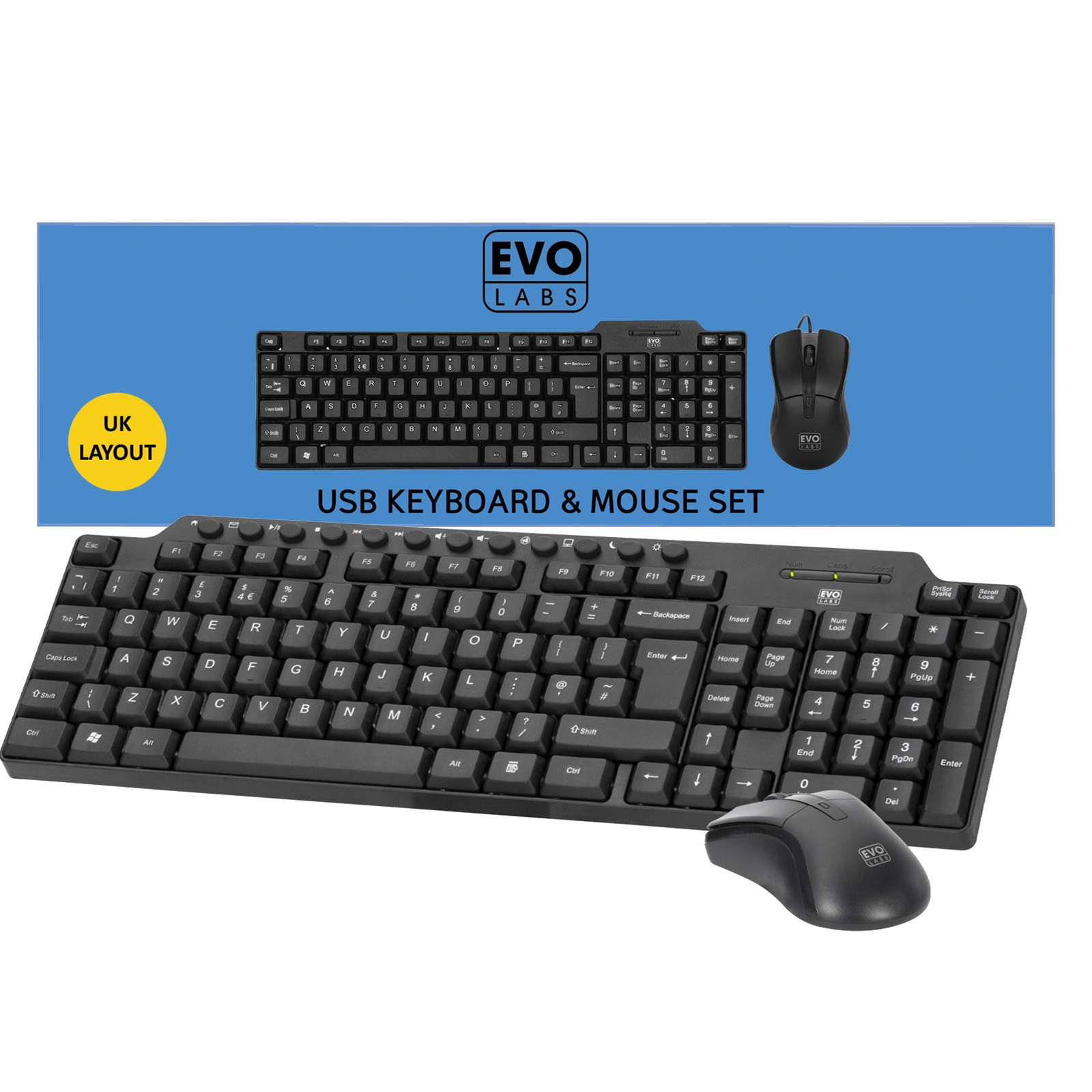 CM-501UK Wired Multimedia Keyboard and Mouse Combo Set, USB Plug and Play, Full Size Qwerty UK Layout Keyboard with Optical Sensor Mouse, Ideal for Home or Office, Black