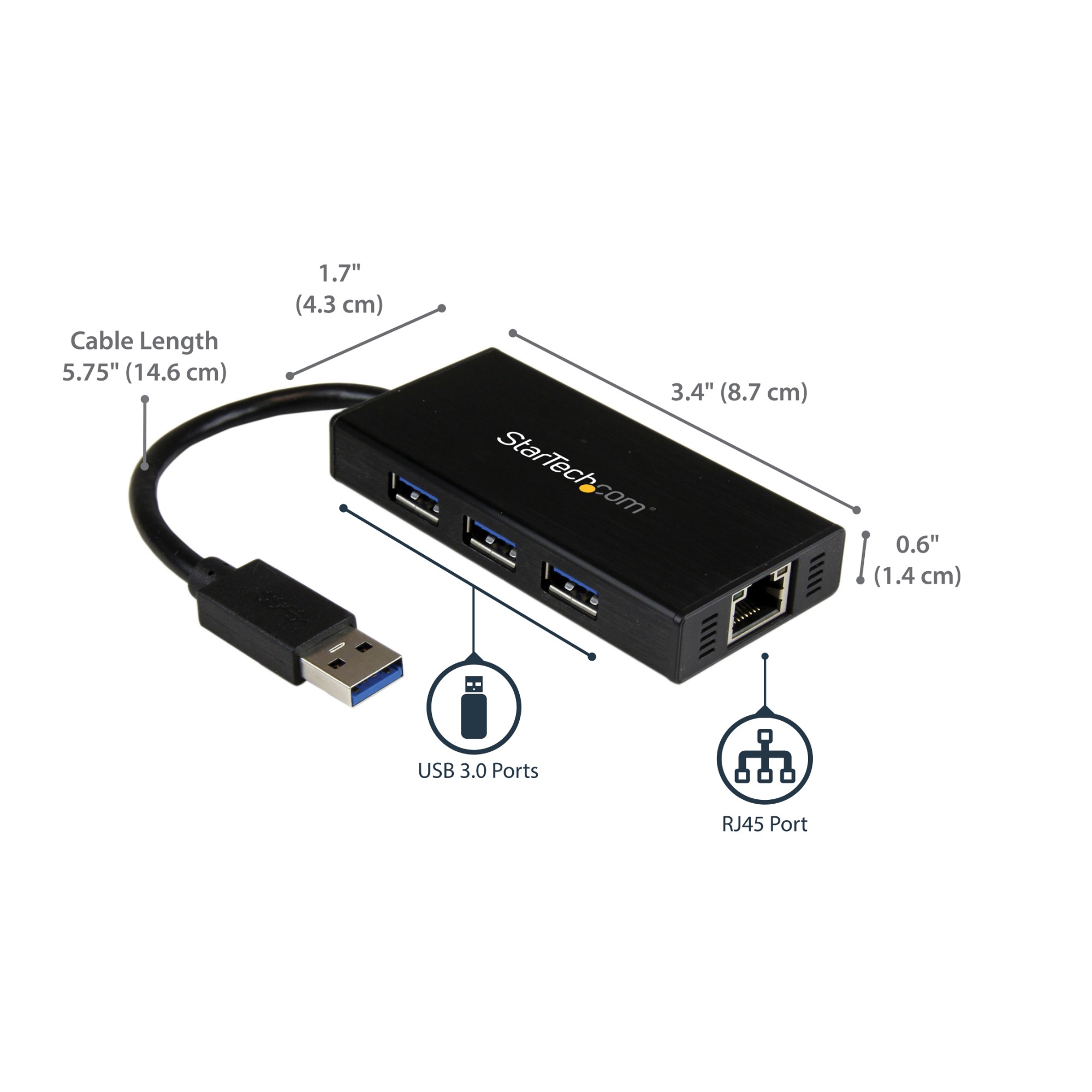 StarTech.com 3-Port Portable USB 3.0 Hub plus Gigabit Ethernet - Aluminum with Built-in Cable