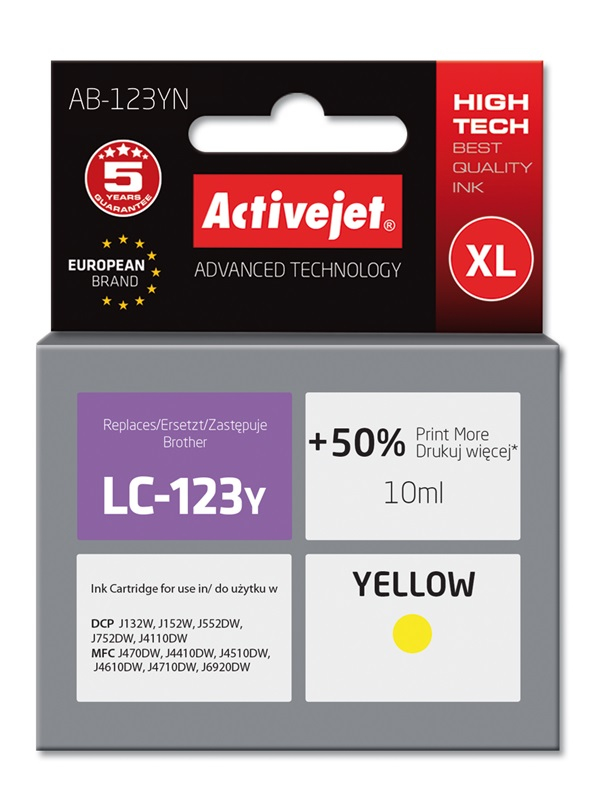 Activejet AB-123YN ink (replacement for Brother LC123Y/LC121Y; Supreme; 10 ml; yellow)