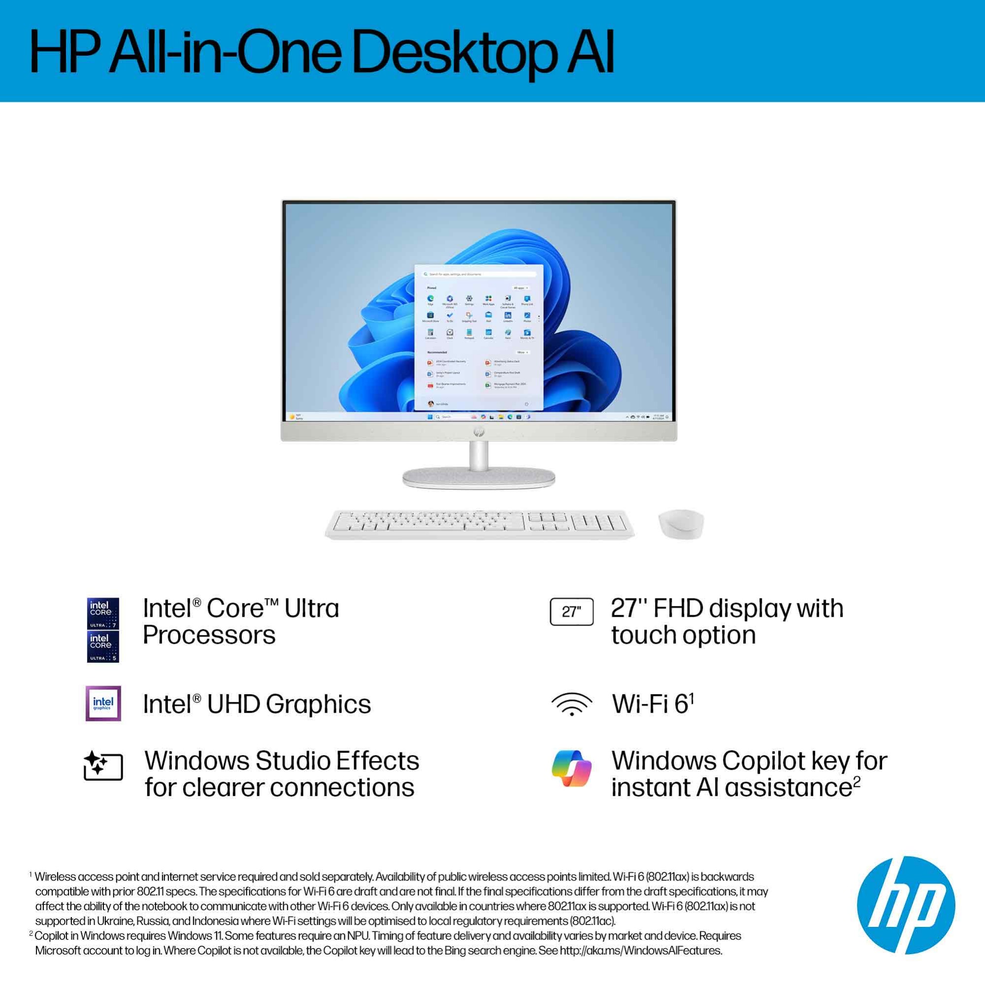 HP 27-cr2002na AI Intel Core Ultra 7 255U 68.6 cm (27") 1920 x 1080 pixels All-in-One PC 16 GB DDR5-SDRAM 1 TB SSD Windows 11 Home Wi-Fi 6 (802.11ax) AI PC White