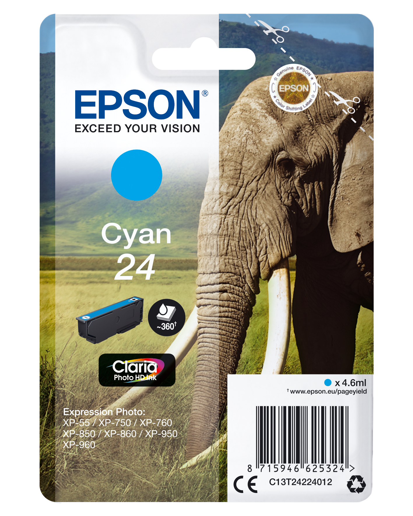 Image of Epson C13T24224012/24 Ink cartridge cyan, 360 pages 4,6ml for...