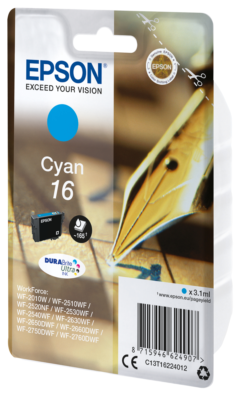 Epson C13T16224012/16 Ink cartridge cyan, 165 pages 3,1ml for Epson WF 2010/2660/2750