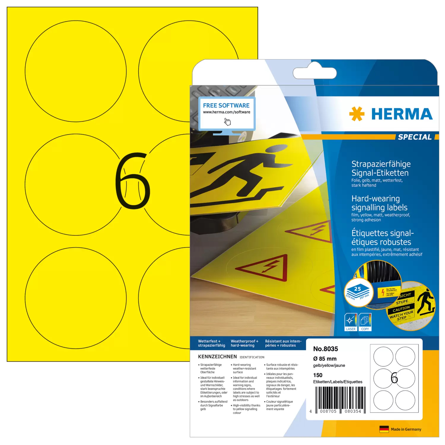 HERMA Signs signalling hard-wearing A4 Ã˜ 85 mm round yellow strong adhesion film matt weatherpr 150 pcs.