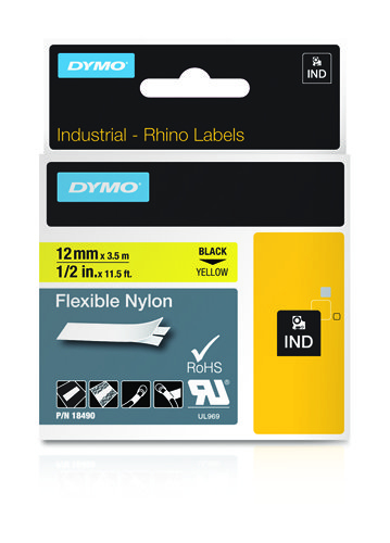 Image of Dymo 18490/S0718080 Ribbon Nylon flexible black on yellow 12mm x...