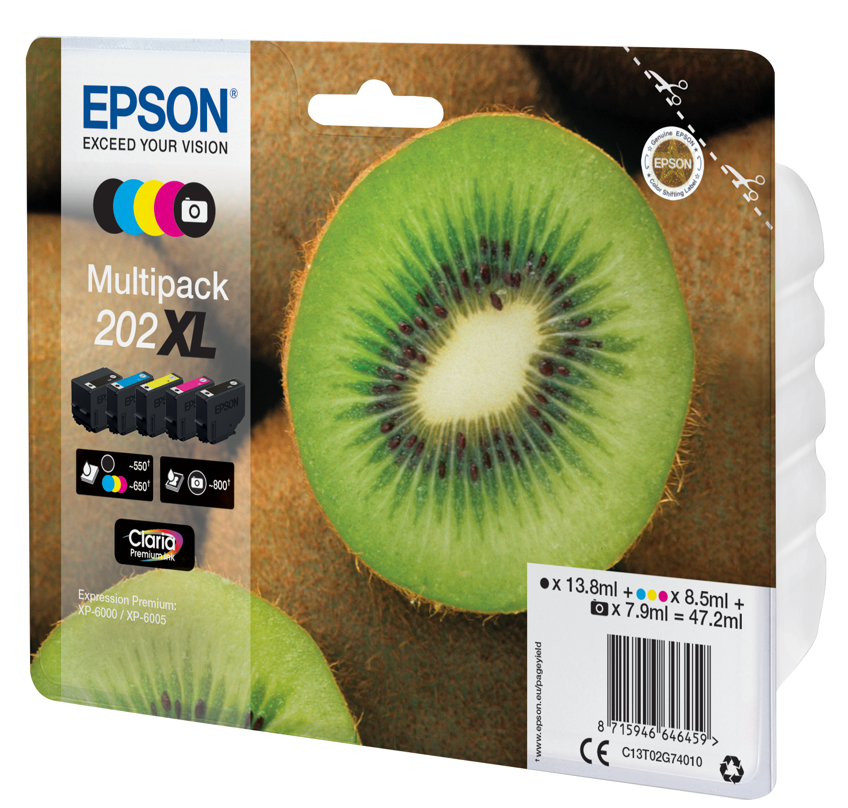 Epson C13T02G74010/202XL Ink cartridge multi pack high-capacity Bk,PhBk,C,M,Y 13,8ml 7,9ml 3x8,5ml Pack=5 for Epson XP 6000