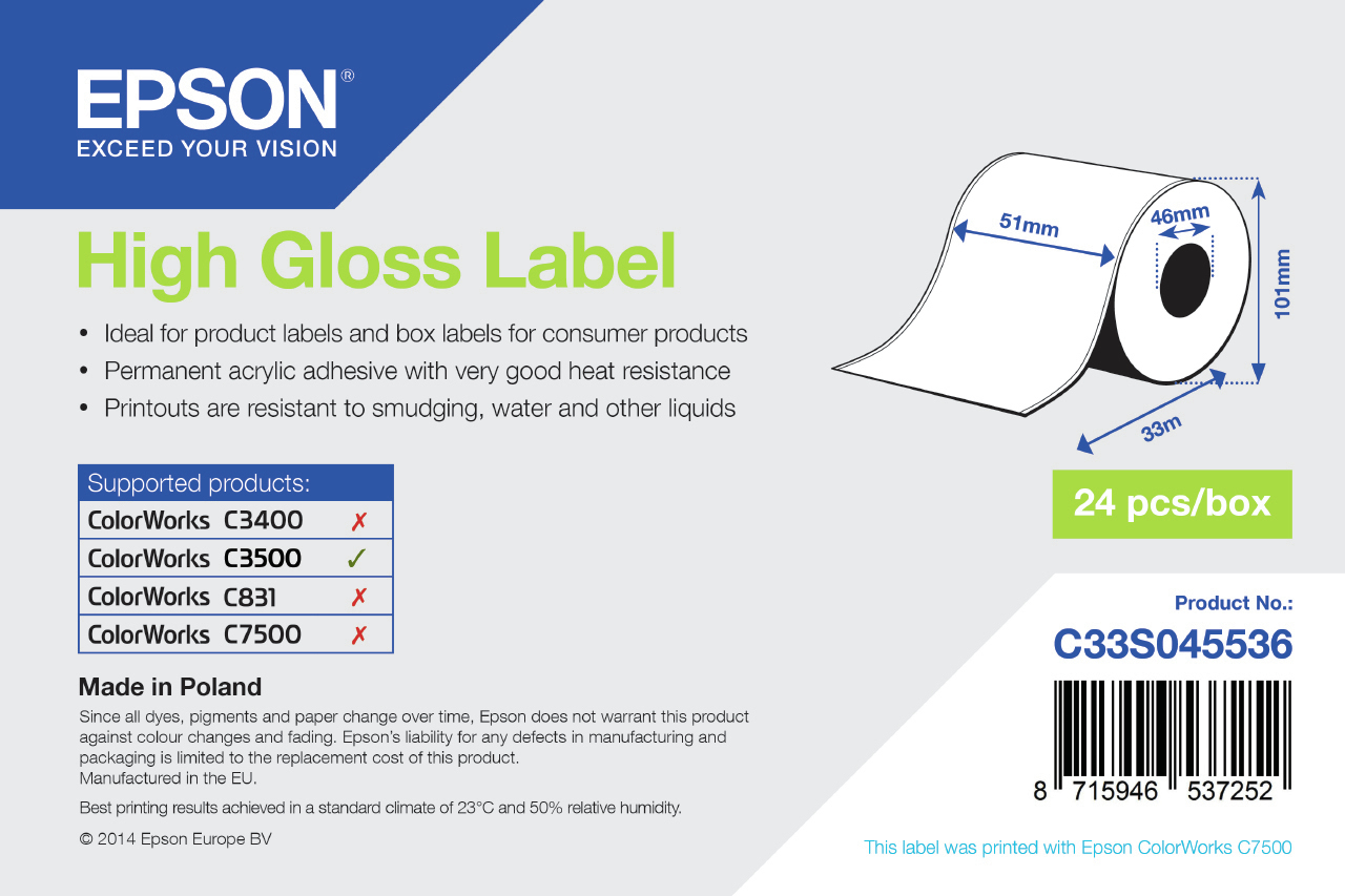 Image of Epson C33S045536 Format-etikettes high-gloss 51mm x 33m for Epson...