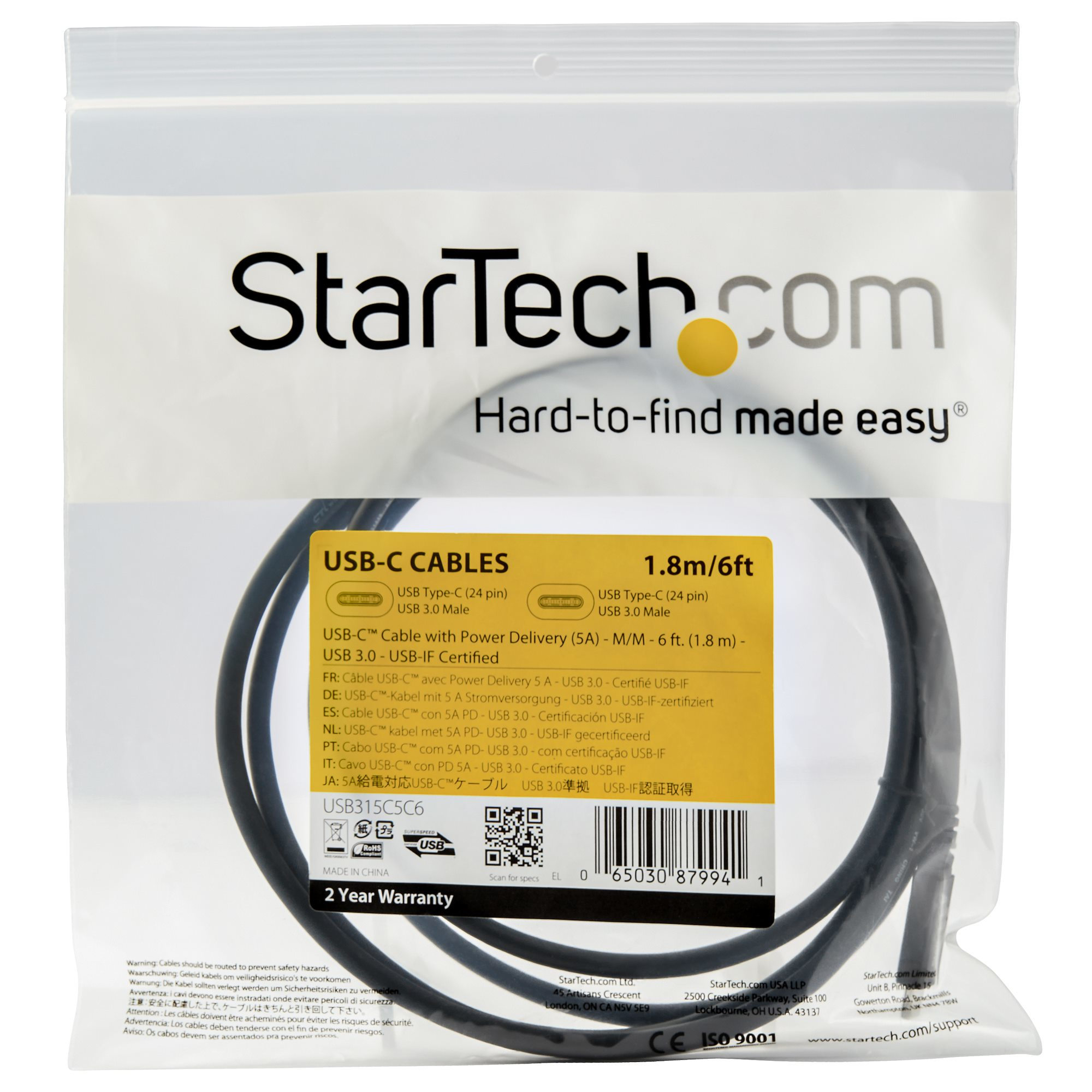 Photos - Cable (video, audio, USB) Startech.com 6 ft  USB C to USB C Cable - 5A, 100W PD 3.0 - Cer USB (1.8 m)