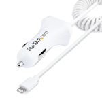 StarTech.com Lightning Car Charger with Coiled Cable, 1m Coiled Lightning Cable, 12W, White, 2 Port USB Car Charger Adapter for Phones and Tablets, Dual USB In Car iPhone Charger