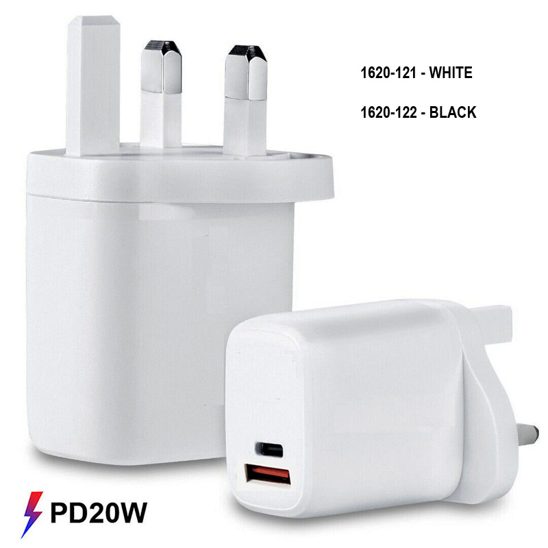 FDL 2 PORT 1X USB A QC3 & 1 X USB-C PD MAINS CHARGER 20W - WHITE