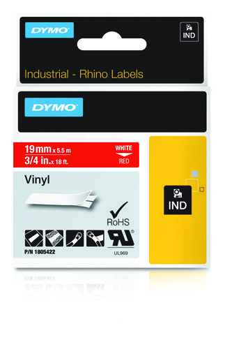 Image of Dymo 1805422 Ribbon Vinyl white on red 12mmx5,5m for Dymo Rhino...