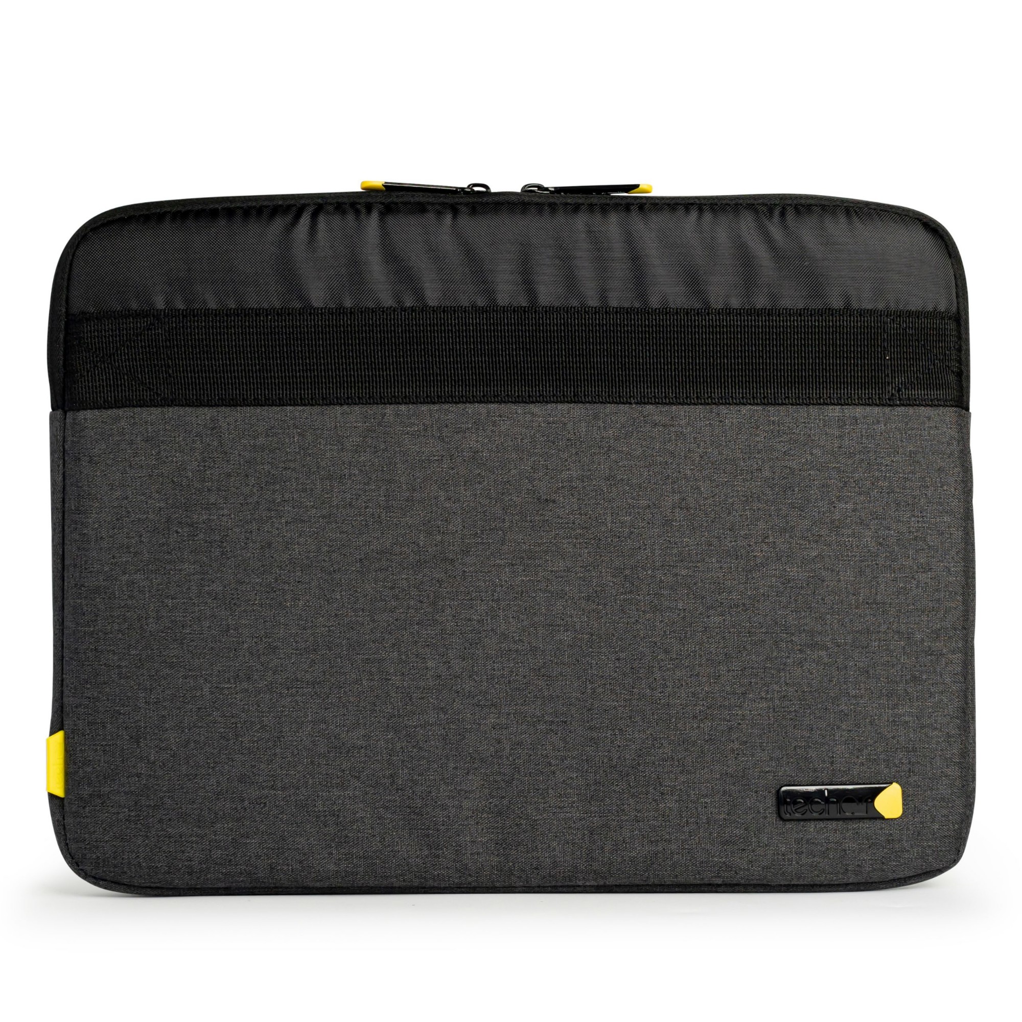 TAECV010 TECH AIR 12-14.1 Eco Sleeve Manufactured from recycled plastic bottles; on average 14 x 250ml plastic bottles or 10 x 350ml are recycled into each case. 2 tone styled product contrasts a textured grey main fabric with a webbing band and a finer woven black fabric.