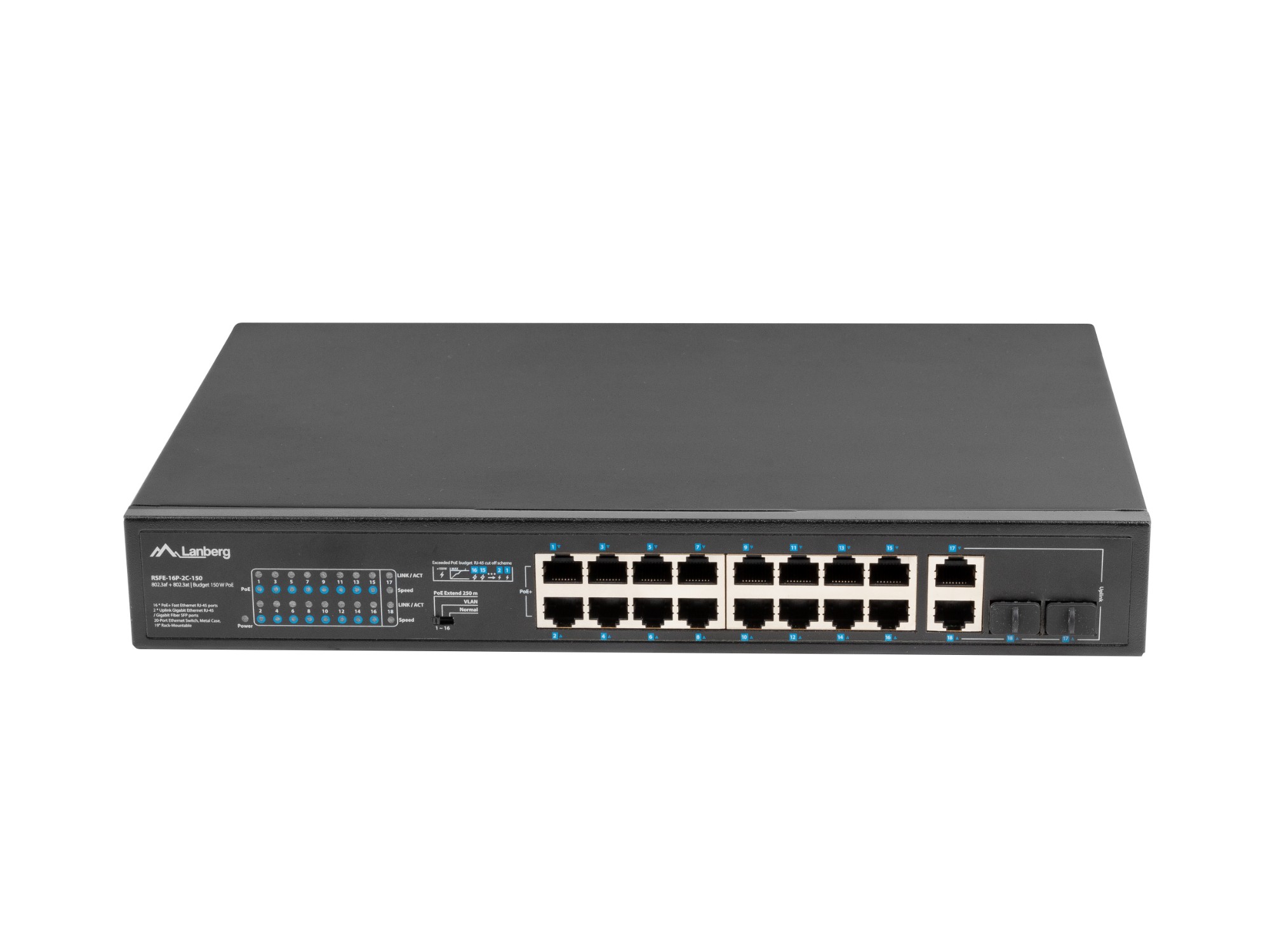 Lanberg RSFE-16P-2C-150 network switch Unmanaged Gigabit Ethernet (10/100/1000) Power over Ethernet (PoE) 1U Black