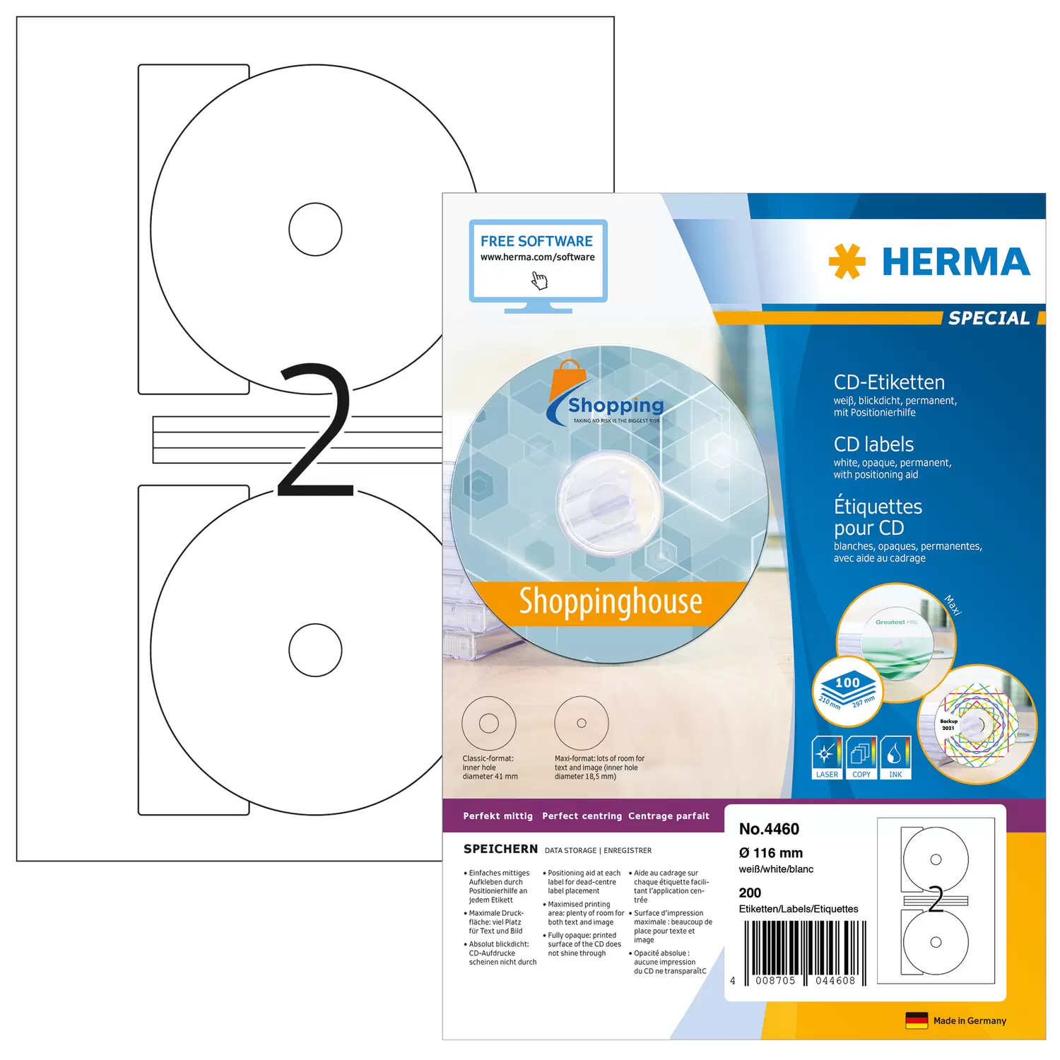 Image of HERMA CD labels Maxi A4 Ø 116 mm white paper matt opaque 200 pcs.