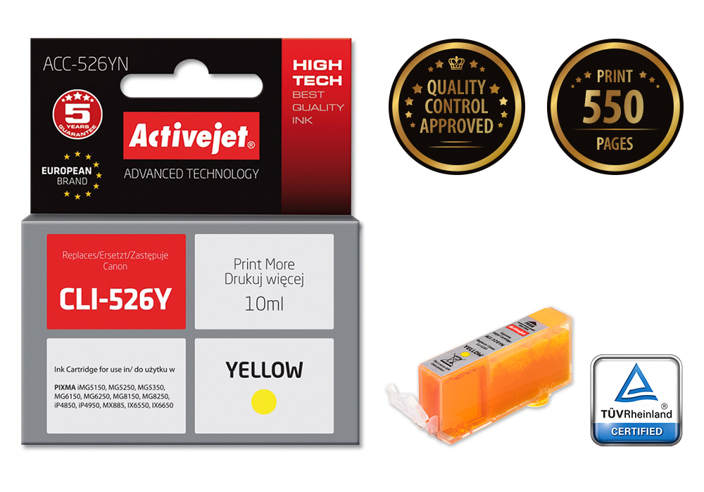 Activejet ACC-526YN ink (replacement for Canon CLI-526Y; Supreme; 10 ml; yellow)
