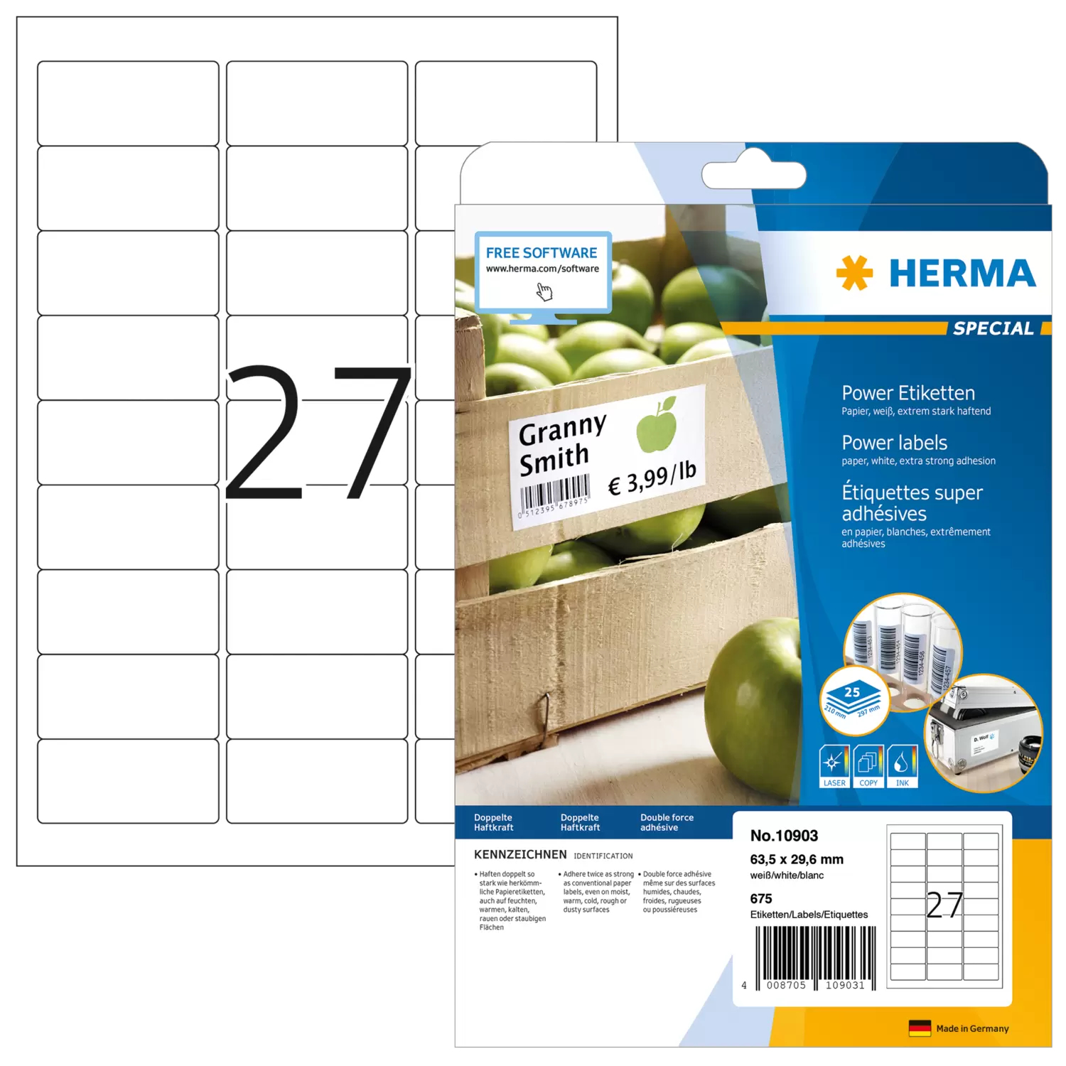 Image of HERMA Labels A4 63.5x29.6 mm white extra strong adhesion paper...