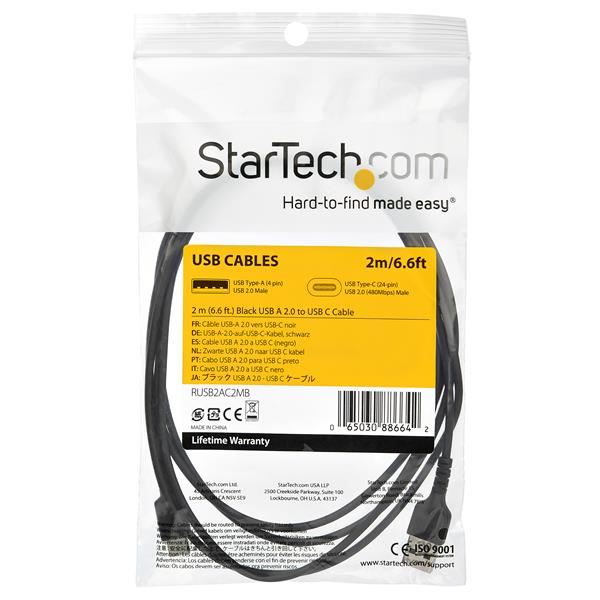 StarTech.com 2m USB A to USB C Charging Cable - Durable Fast Charge & Sync USB 2.0 to USB Type C Data Cord - Rugged TPE Jacket Aramid Fiber M/M 60W Black - Samsung S10, iPad Pro, Pixel