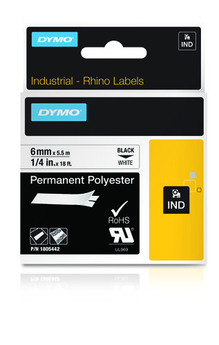 Dymo 1805442 Ribbon Polyester black on white 6mmx5,5m for ILP 219/Rhino 3000/4200/5000/5200/6000/Rhinopro 5000