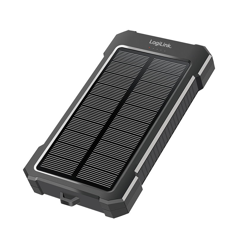 LogiLink Mobile Power Bank, LiPo, 10.000 mAh, USB-C in/out, solar, w/flashlight, black/orange