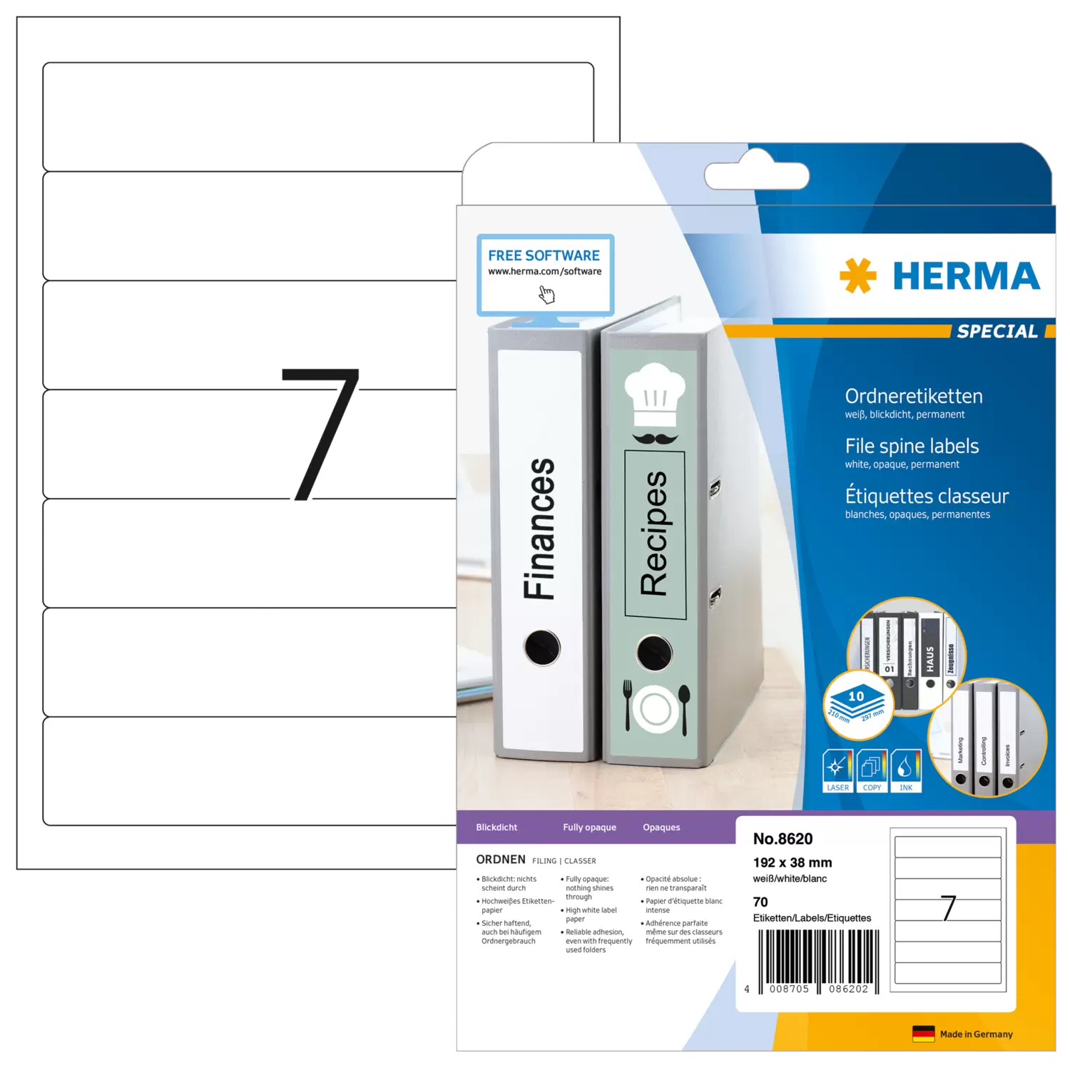 Image of HERMA File spine labels A4 192x38 mm white paper matt opaque 70 pcs.