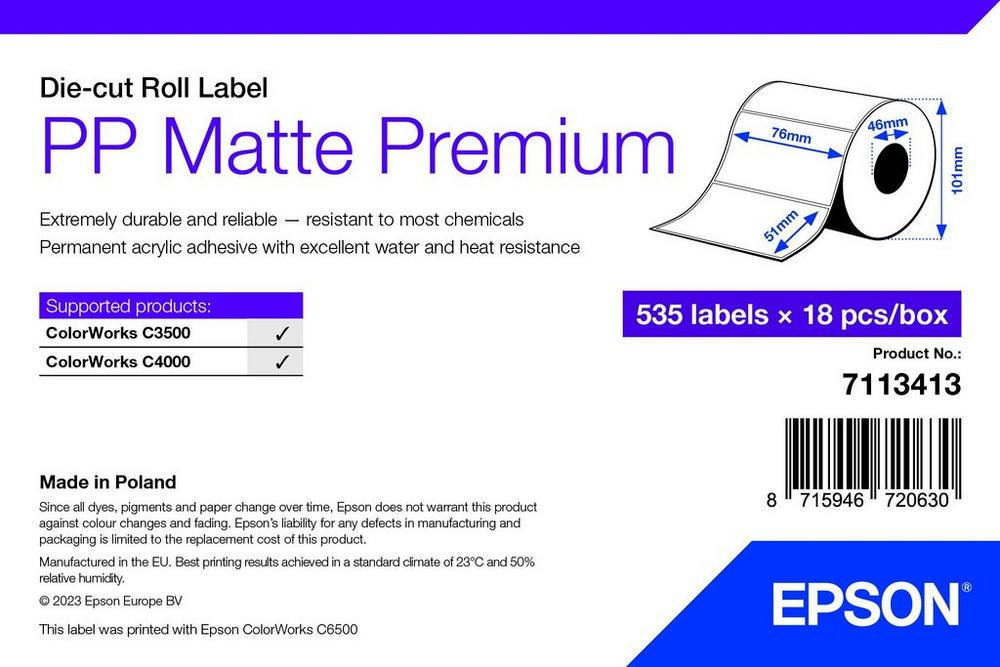 Epson PP Matte Label Premium. Die-cut Roll. 76mm x 51mm. 535 Labels