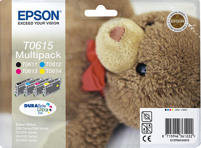 Epson C13T06154010/T0615 Ink cartridge multi pack Bk,C,M,Y, 4x250 pages ISO/IEC 24711 4x8ml Pack=4 for Epson Stylus D 68