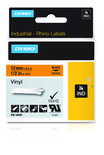 Image of Dymo 18435/S0718490 Ribbon Vinyl black on orange 12mm x 5,5 m for...
