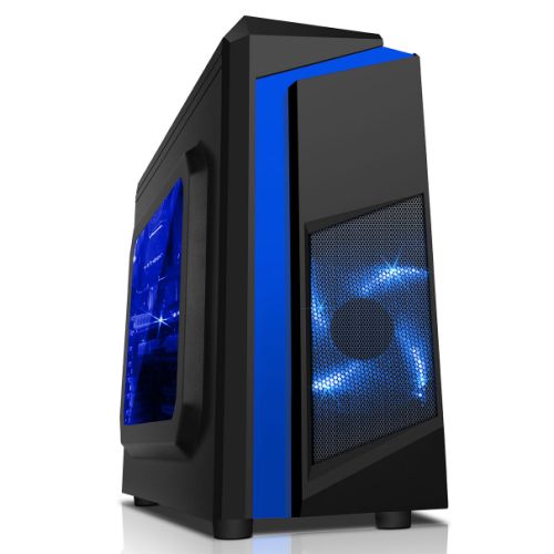 F3 Micro ATX Gaming Case with Windows, No PSU, Blue LED Fan, Black with Blue Stripe, Card Reader