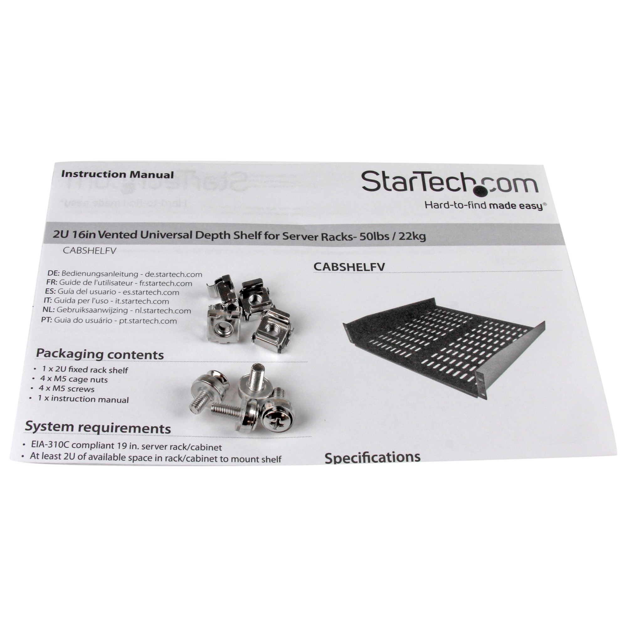 StarTech.com 2U 16in Universal Vented Rack Mount Cantilever Shelf - Fixed Server Rack Cabinet Shelf - 50lbs / 22kg