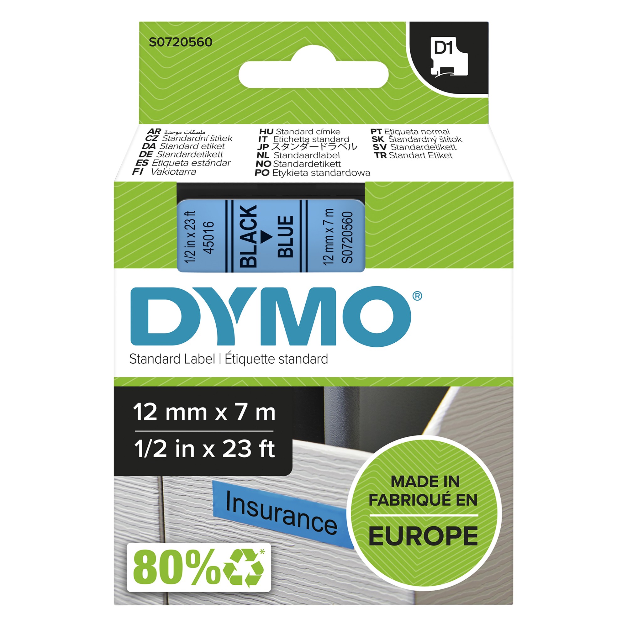 Dymo 45016/S0720560 DirectLabel-etikettes black on blue 12mm x 7m for