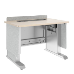 Middle Atlantic Products Forum™ Lectern, 42" Wide, Electrically Height Adjustable, Wilsonart® Kensington Maple, Magnesium Powdercoat, Silver Gray Felt with Power for UK