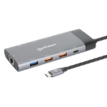 Manhattan USB-C Dock/Hub, Ports (x10): Ethernet, HDMI (x2 8k), USB-A (x5) and USB-C (x2), With Power Delivery (100W) to USB-C Port (Note additional USB-C wall charger and USB-C cable needed), USB 3.2 Gen 2, All Ports can be used at the same time, Aluminiu