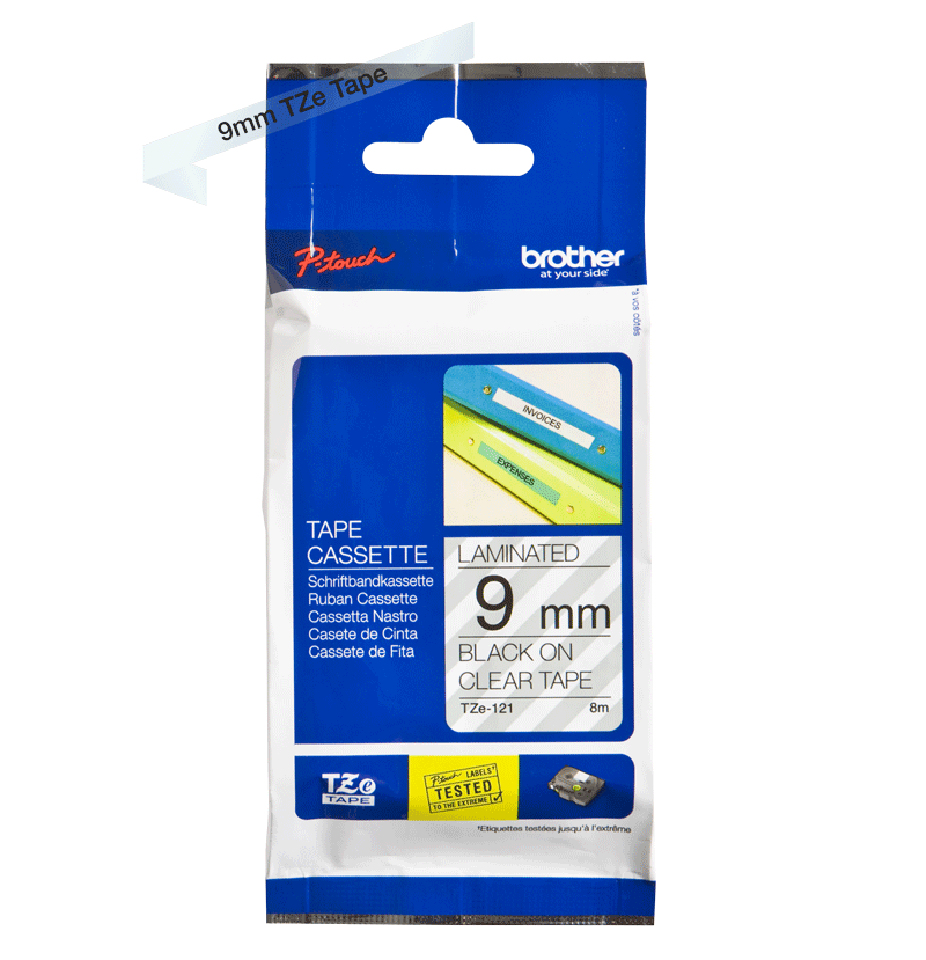 Brother TZE-121 DirectLabel black on Transparent Laminat 9mm x 8m for Brother P-Touch TZ 3.5-18mm/6-12mm/6-18mm/6-24mm/6-36mm