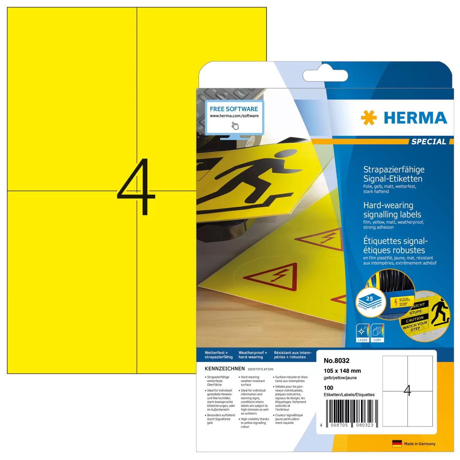 HERMA Signs signalling hard-wearing A4 105x148 mm yellow strong adhesion film matt weatherproof 100 pcs.