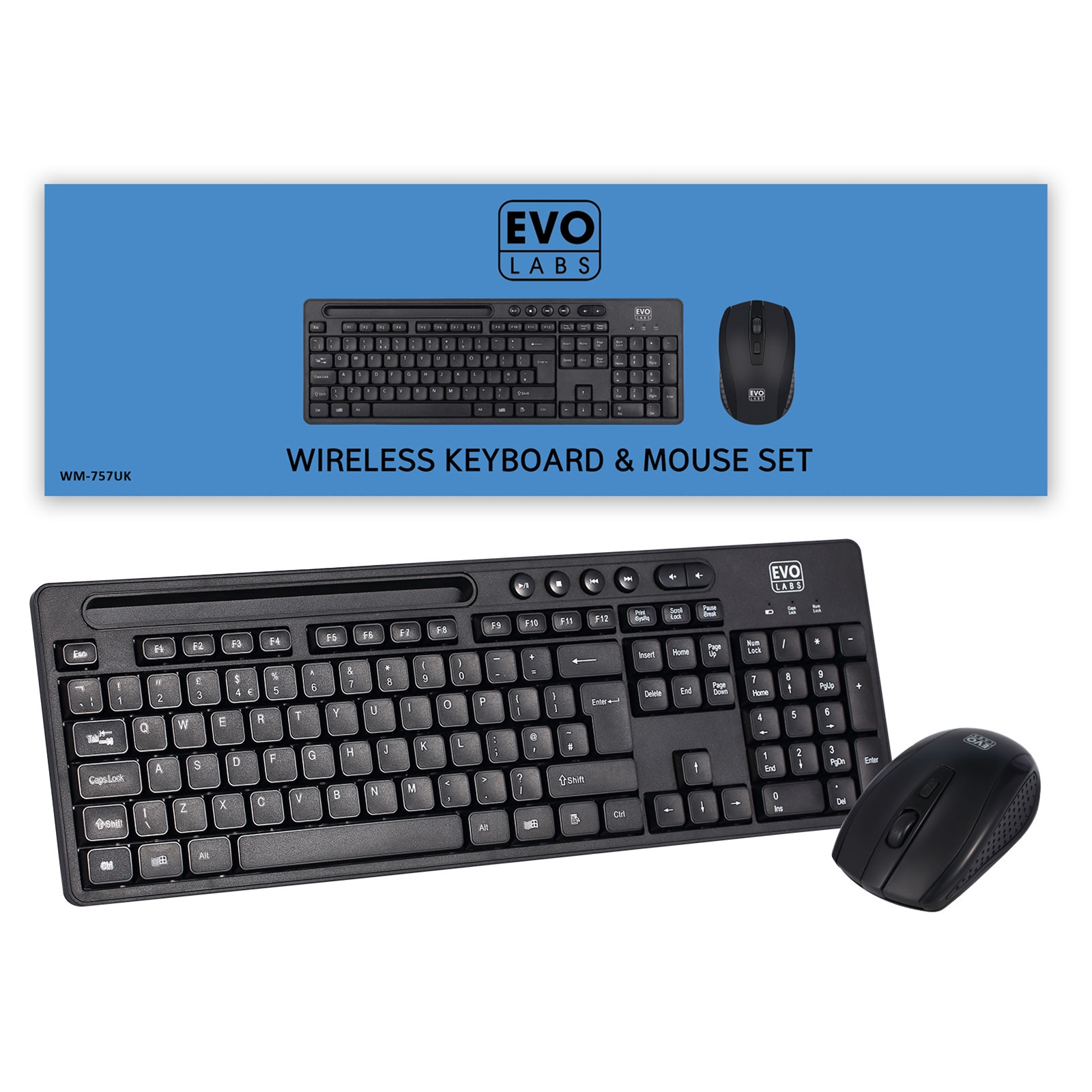 WM-757UK Wireless Keyboard and Mouse Combo Set, With Integrated Tablet/ Mobile/ Smartphone Stand, 2.4GHz Full Size Qwerty UK Layout Keyboard with Wireless Mouse, Ideal for Home/Office, Black thumbnail