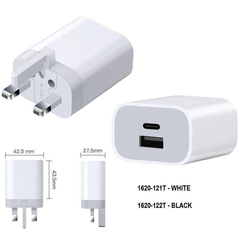 Image of FDL 2 PORT 1 USB A QC3 & 1 USB-C PD TRAVEL CHARGER 20W - WHITE