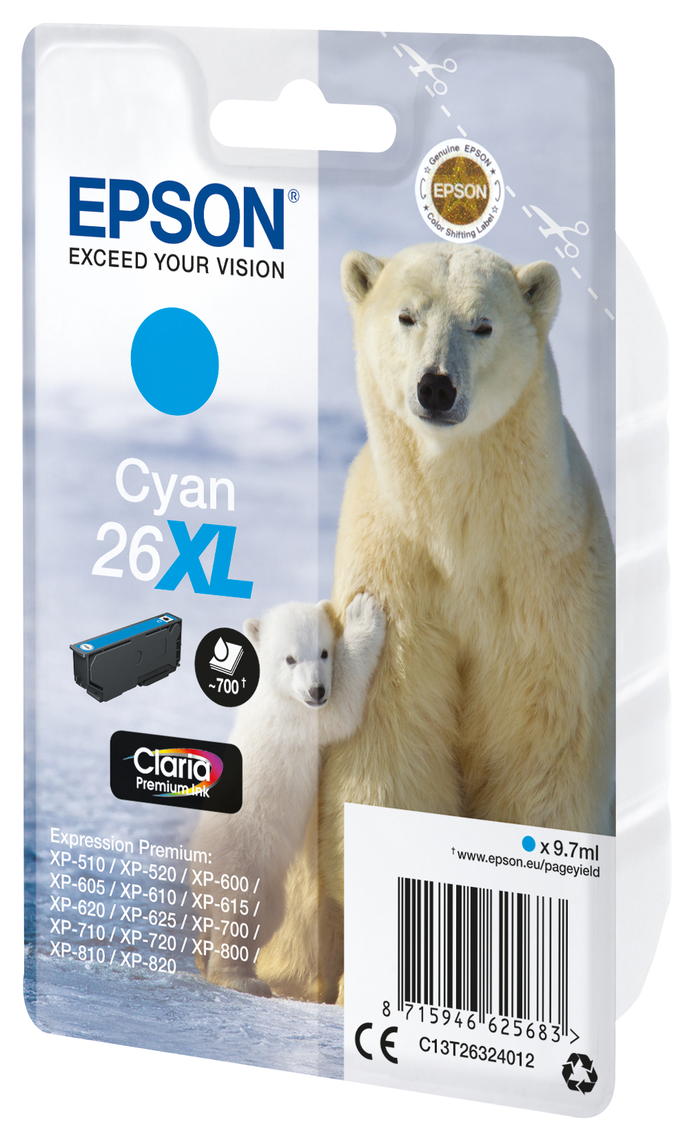 Epson C13T26324012/26XL Ink cartridge cyan high-capacity XL, 700 pages 9,7ml for Epson XP 600