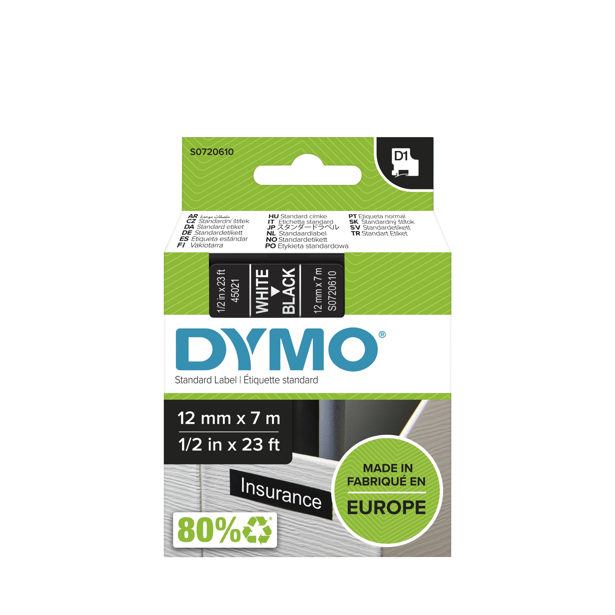 Dymo 45021 D1 LabelMaker Tape 12mm x 7m White on Black S0720610