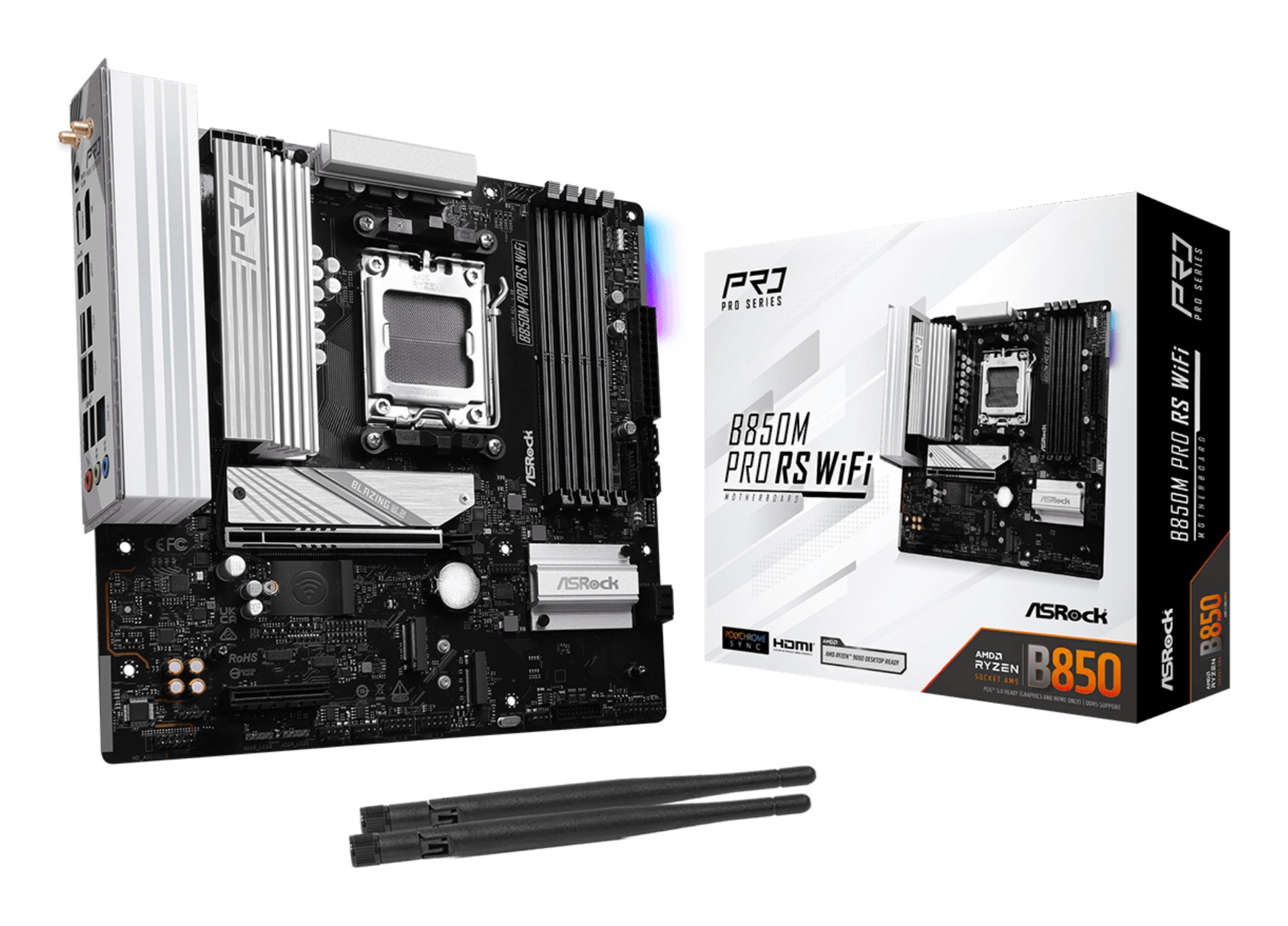 B850M PRO RS WIFI ASROCK B850M PRO RS WIFI, AMD B850, AM5, Micro ATX, 4 DDR5, HDMI, DP, Wi-Fi 6E, 2.5G LAN, RGB, 3x M.2