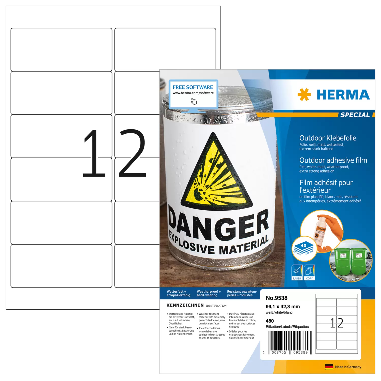 Image of HERMA 9538 self-adhesive label Rectangle White 480 pc(s)