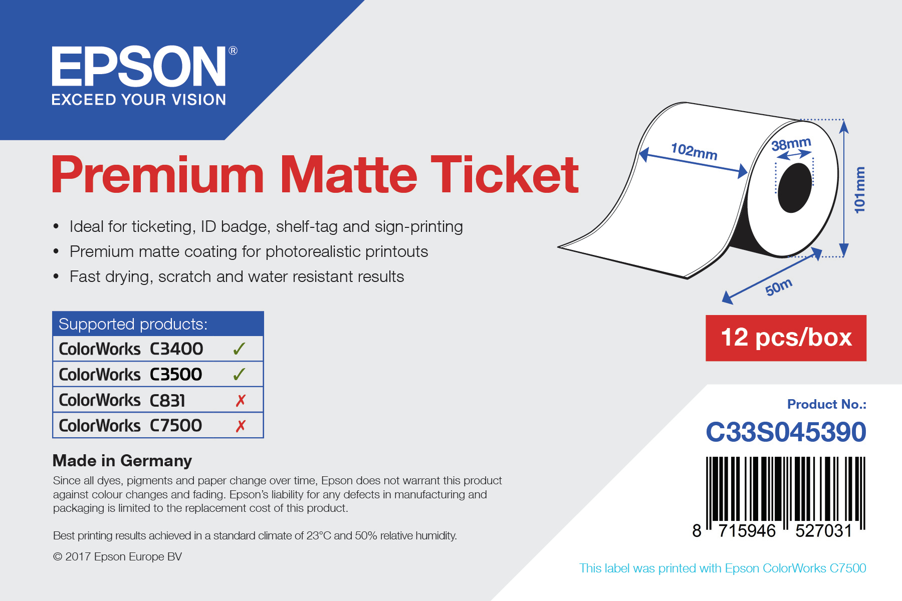 Epson Premium Matte Ticket - Roll: 102mm x 50m