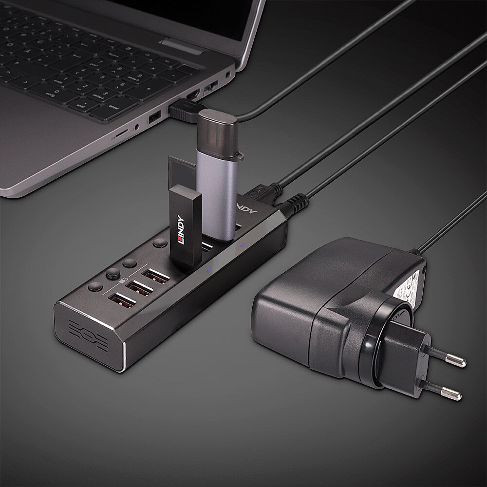 Lindy 4 Port USB 3.0 Hub with 3 Quick Charge 3.0 Ports USB 3.2 Gen 1 (3.1 Gen 1) Type-B 5000 Mbit/s Black