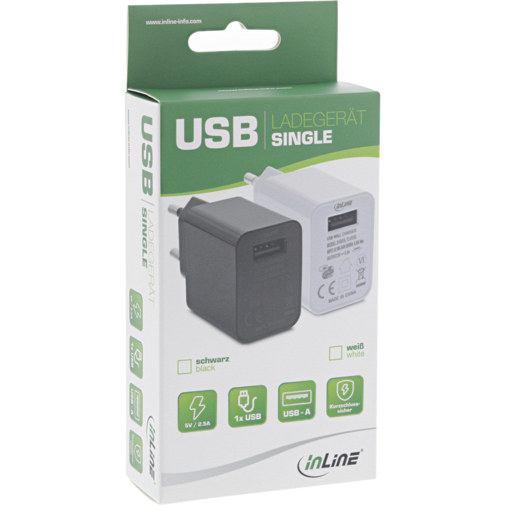 31507B INLINE INC USB Ladegert Single - Netzteil - 100-240V zu 5V/2,5A - schwarz