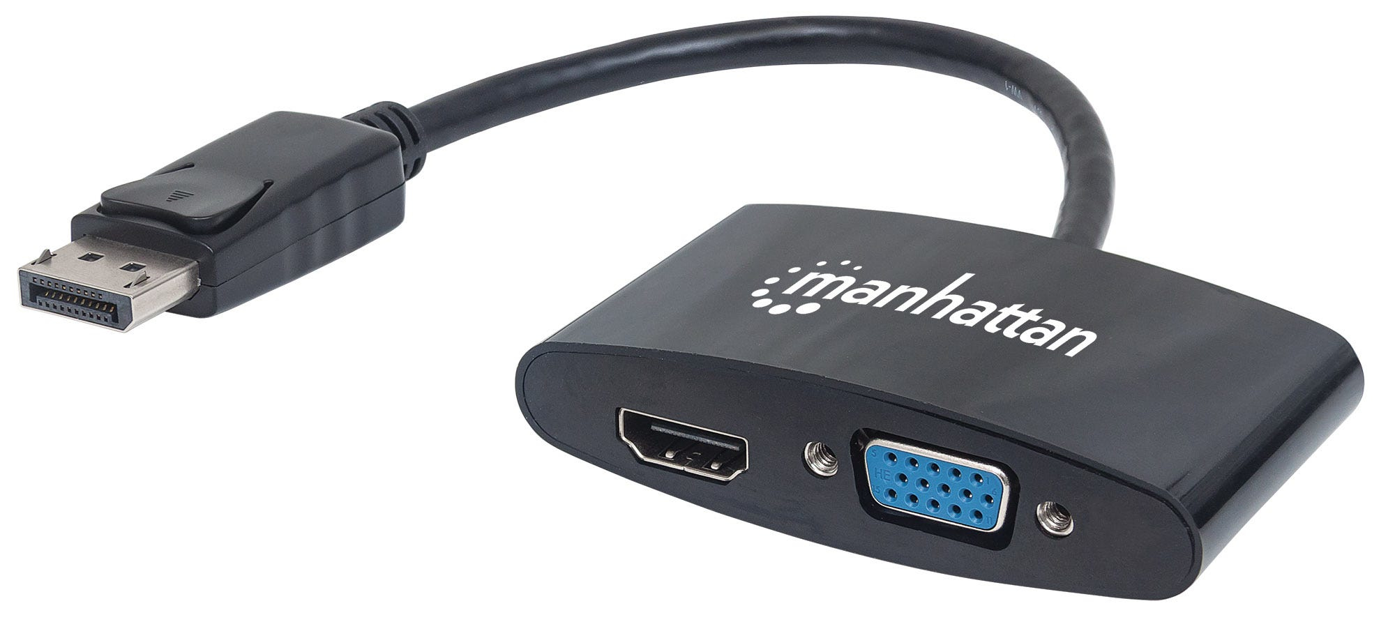Manhattan DisplayPort 1.2 to HDMI and VGA Adapter Cable, 2-in-1, Male to Female, Black, Equivalent to Startech DP2HDVGA, HDMI 4K@30Hz, VGA 1080p (1920x1200p), Passive, 16cm, Lifetime Warranty, Blister