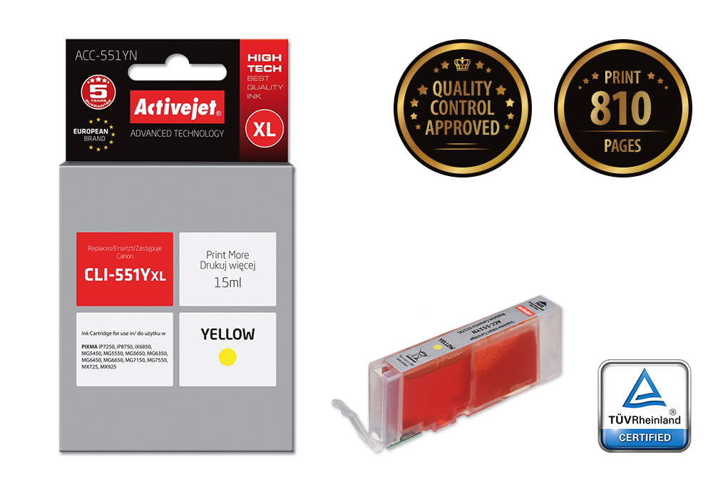 Activejet ACC-551YN ink (replacement for Canon CLI-551Y; Supreme; 15 ml; yellow)