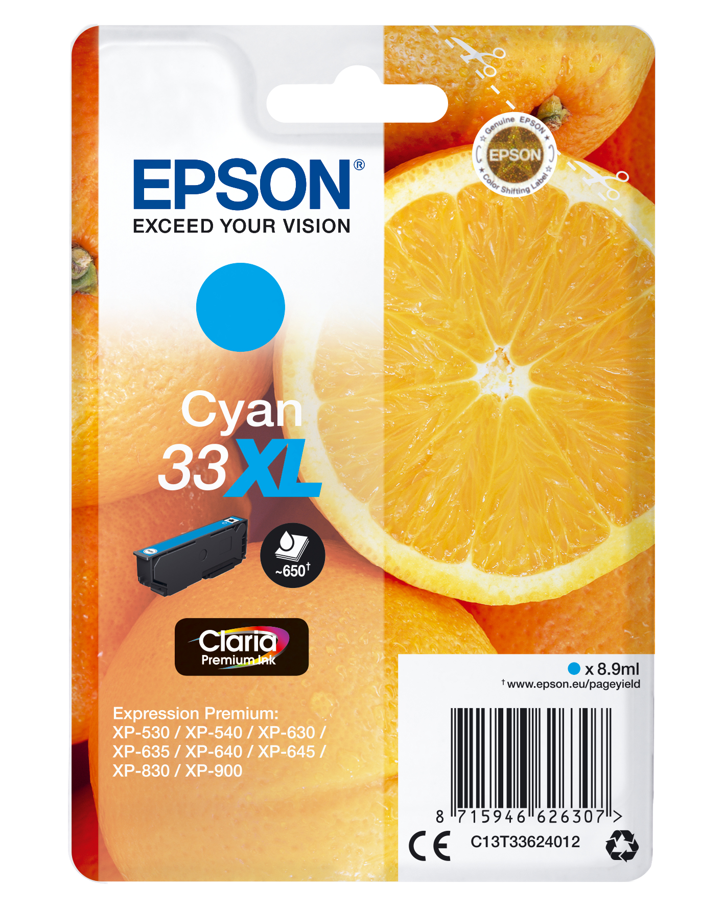 Image of Epson C13T33624012/33XL Ink cartridge cyan high-capacity, 650...