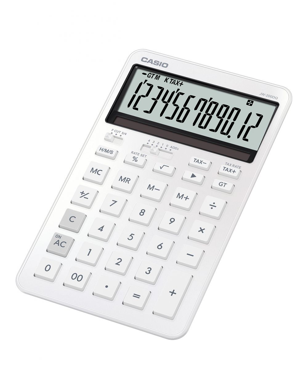 Calcolatrice da tavolo compatta Casio JW-200DQ con display LCD a 12 cifre - Calcola tasse percentuali radici quadrate ecc. - Alimentazione solare e a batteria - Bianca