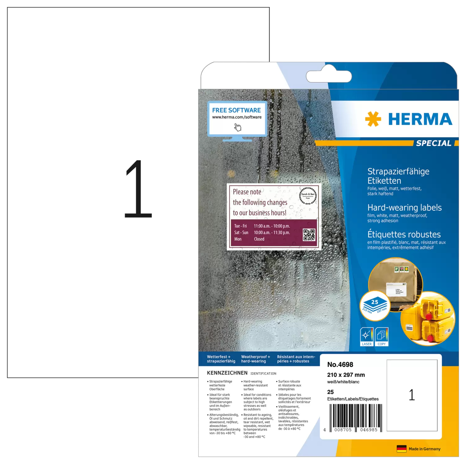HERMA Labels hard-wearing A4 210x297 mm white strong adhesion film matt weatherproof 25 pcs.